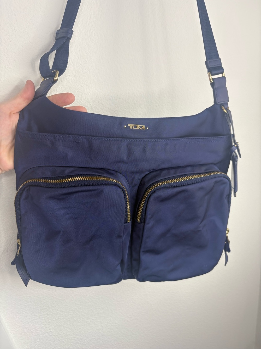 Tumi Voyageur Sadler Crossbody Bag - Navy & Gold Hardware
